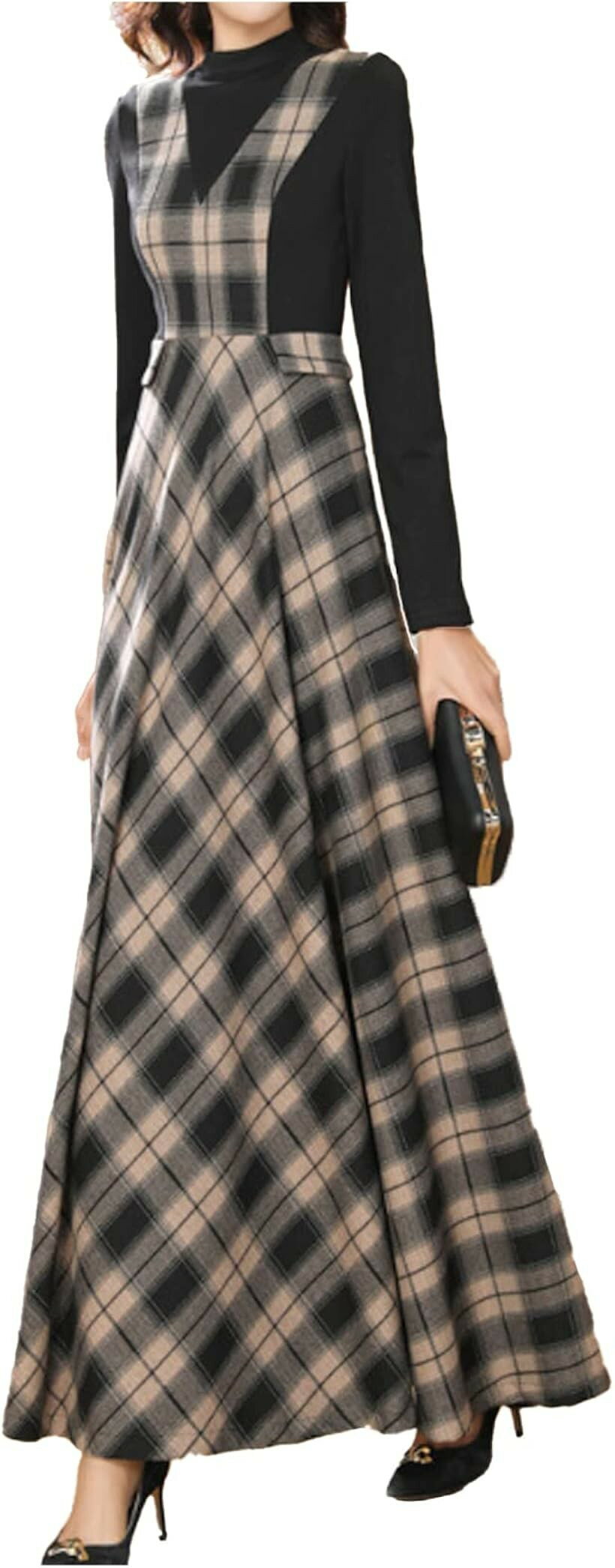 樂天商城 - ロングワンピース チェック柄 重ね着風 きれいめ 切り替え レディース (ブラック, 2XL)