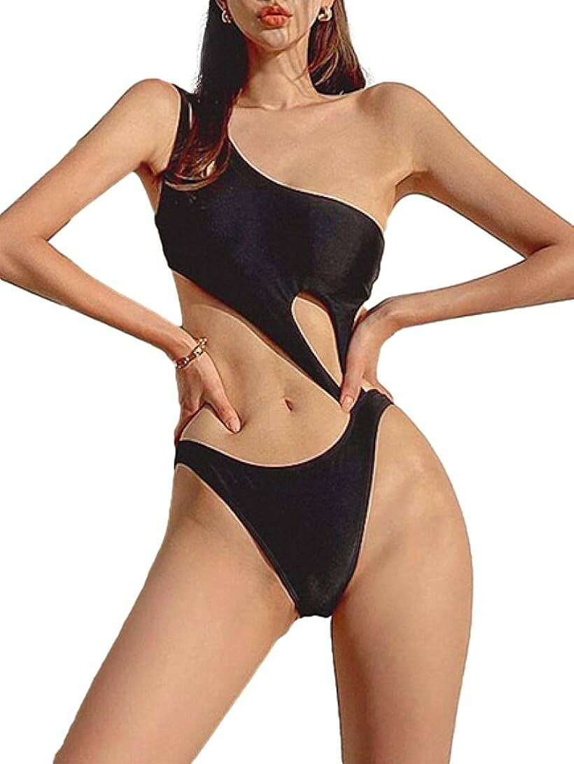 樂天商城 - アイラカリラ モノキニ ハイレグ 水着 ワンショルダーセクシー カット オープンバック ビーチウエア スイムウエア レディース ブラック L (ブラック, L)