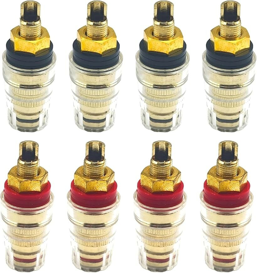 バリエーションコード : 2busq8149i商品コード2busqiu08u商品名スピーカーターミナル バナナプラグ対応4mm径 ターミナルリスト 端子 ハンダ アンプ ネジ径8mm 8個セットブランドshymieカラーレッド 4個 ブラック 4個スピーカーターミナルで、優れた電気伝導性と耐久性を実現。金メッキ加工により酸化を防ぎ、長期間クリアな音質を維持します。バナナプラグ対応の設計で、しっかりとした接続と安定した信号伝達を実現。アンプやスピーカーの配線時のロスを抑え、音の透明感を引き出します。ハンダやピン接続にも対応しており、DIYオーディオ製作や既存機器のアップグレードにも最適です。このスピーカーターミナルは汎用性の高いサイズ設計で、さまざまなアンプやスピーカーに使用可能です。バナナプラグ対応のターミナルリスト構造により、配線作業がスムーズに行えます。ハンダを使った固定やピンによる接続にも対応し、しっかりとしたホールド感を実現。自作スピーカーやオーディオ修理にも適しており、音質向上と作業効率を両立させた理想的な端子パーツです。アンプの出力端子やスピーカーの入力側への取付けはもちろん、オーディオボードやDIY音響機器などにも対応します。スピーカーターミナルのバナナプラグ対応構造により、信頼性の高い配線接続が可能です。ハンダやピンを併用することで、よりしっかり導通を確保。高音質を求めるオーディオファンから初心者まで、誰でも使いやすい設計のターミナルリスト端子としておすすめです。バリエーション: レッド(赤) 2個xブラック(黒) 2個 計4個セット、レッド(赤) 4個xブラック(黒) 4個 計8個セット サイズ: 全長 46.3mm、幅 18.2mm、バナナプラグ挿入部径：5mm本商品は、輸入品になります。発送前に検品を行なっておりますが、使用に支障ない範囲での小傷やバリなどがある場合がございます。担当スタッフによる検品と気泡緩衝材による徹底梱包をおこなっております。※ 他ネットショップでも併売しているため、ご注文後に在庫切れとなる場合があります。予めご了承ください。※ 品薄または希少等の理由により、参考価格よりも高い価格で販売されている場合があります。ご注文の際には必ず販売価格をご確認ください。※ 沖縄県、離島または一部地域の場合、別途送料の負担をお願いする場合があります。予めご了承ください。※ お使いのモニタにより写真の色が実際の商品の色と異なる場合や、イメージに差異が生じることがあります。予めご了承ください。※ 商品の詳細（カラー・数量・サイズ 等）については、ページ内の商品説明をご確認のうえ、ご注文ください。※ モバイル版・スマホ版ページでは、お使いの端末によっては一部の情報が表示されないことがあります。すべての記載情報をご確認するには、PC版ページをご覧ください。