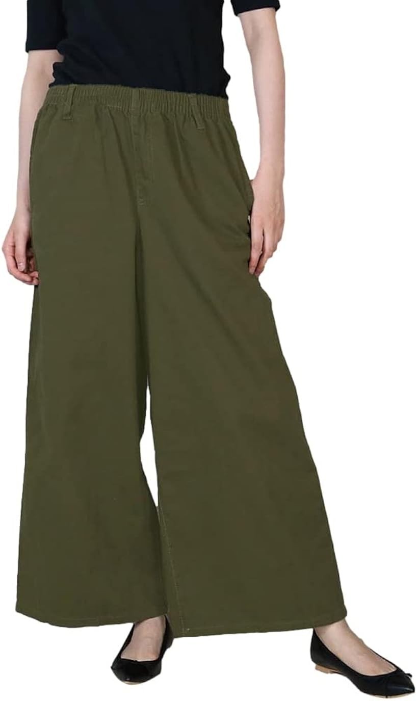 Rakuten - ゆったり ワイドパンツ ツイル レディース (カーキ, 4L)