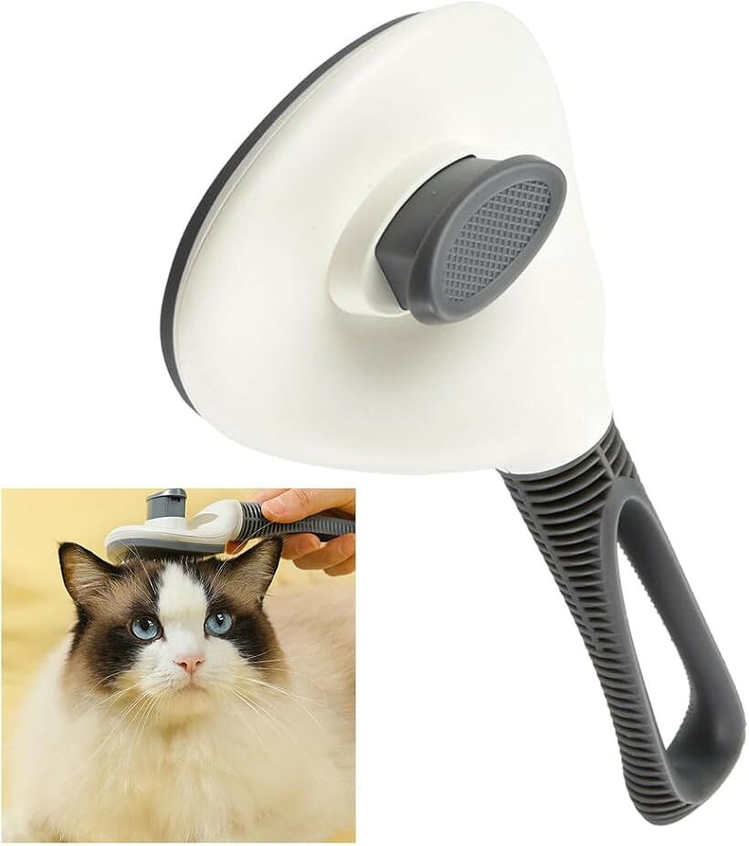 ペットブラシ 丸頭ピン 絡まり＆抜け毛ケア 犬猫兼用 ワンプッシュ式 痛くない (グレー)
