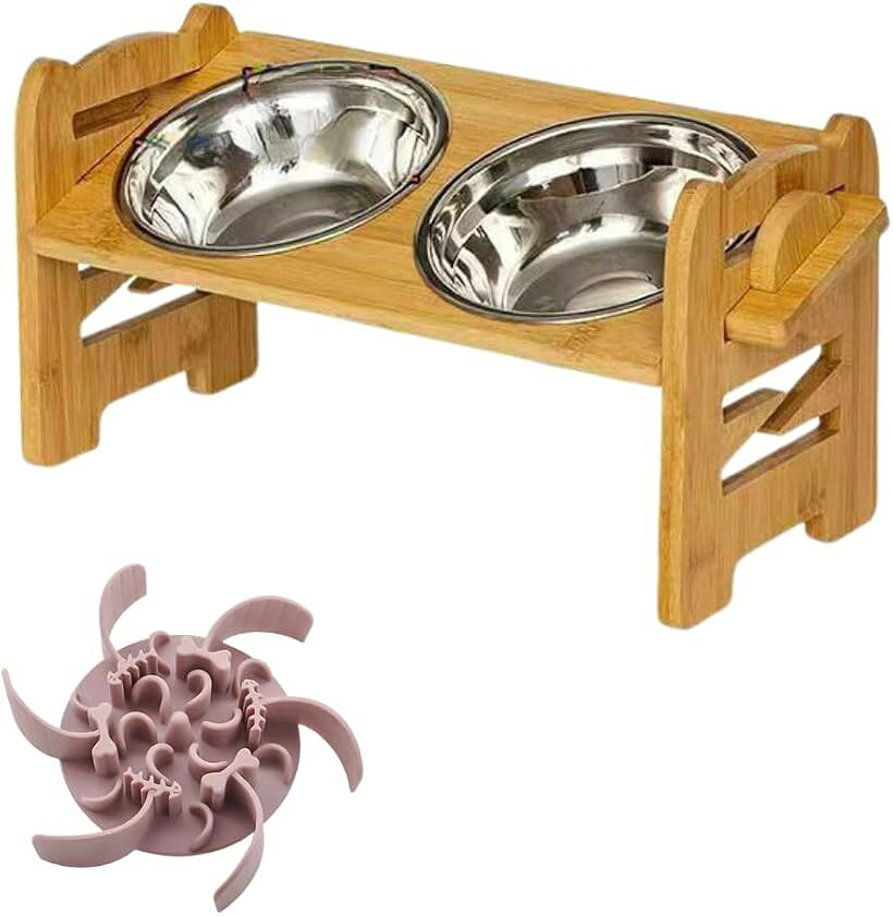 猫 犬 フードスタンド 高さ調整 6段階 角度調整 竹製 ペット食器台 ステンレスボウル2個 スローフィーダー付き 食べやすい フードボウルスタンド 小型犬 (ナチュラル木目, ラージ)
