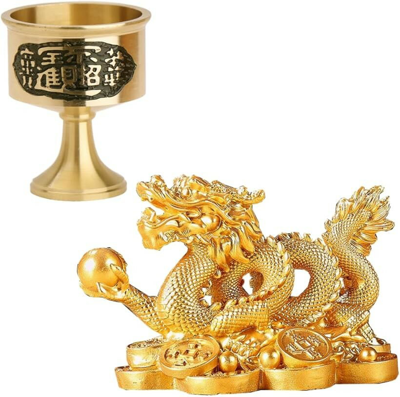 樂天商城 - 龍の置物 玄関 風水 水杯 水盃 セット 竜の置き物 金 インテリア オブジェ 飾り 金運 運気 (龍(小)＆水盃セット, Free)