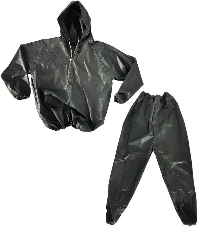 Sauna Suit - サウナスーツ メンズ インナー 上下セット ランニング ウォーキング 筋トレ 運動 (フード付き 黒, L)