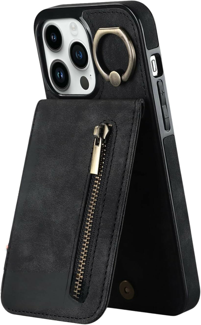 樂天商城 - レザー クロスボディ リング カードホルダー ジッパー ウォレット (ブラック, iPhone15)