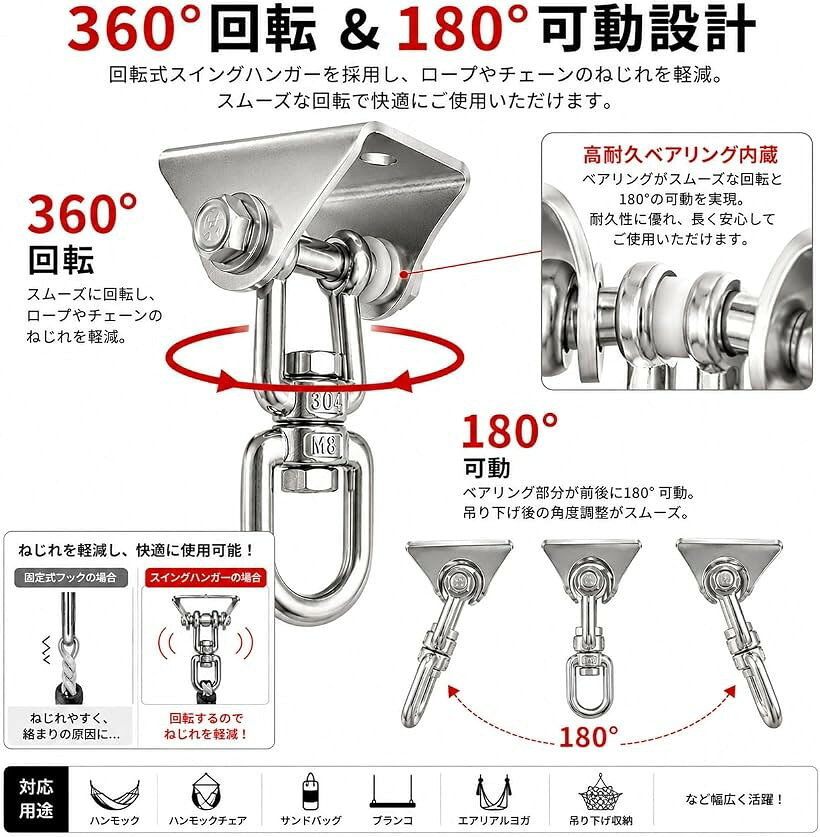 エムラインストアの2個セット スイングハンガー 最大耐荷重400kg 360°回転 木材・コンクリート対応 180°可動 ステンレス 天井フック 吊り下げ金具 (2個セット)｜アングル2
