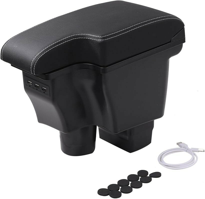 互換品マツダ 用 アームレスト コンソールボックス USBポート 付 mazda CX-3 DK5 デミオ DJ3 DJ5 対応 多機能 小物入れ 収納 BOX 肘掛け 疲労 軽減 社外品 カスタム パーツ (ホワイトステッチ)
