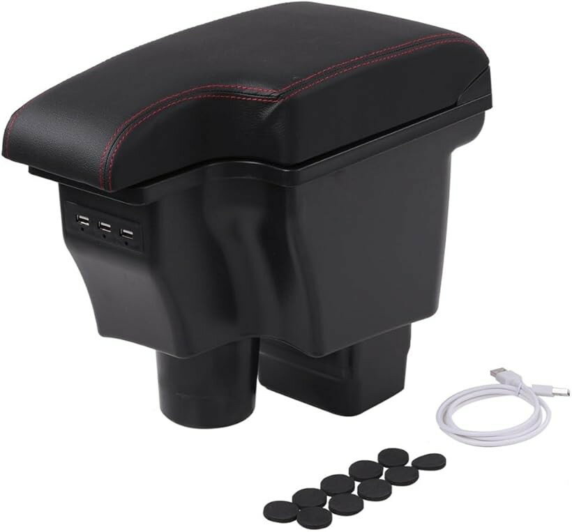 マツダ 用 アームレスト コンソールボックス USBポート 付 mazda CX-3 DK5 デミオ DJ3 DJ5 対応 多機能 小物入れ 収納 BOX 肘掛け 疲労 軽減 社外品 カスタム パーツ (レッドステッチ)