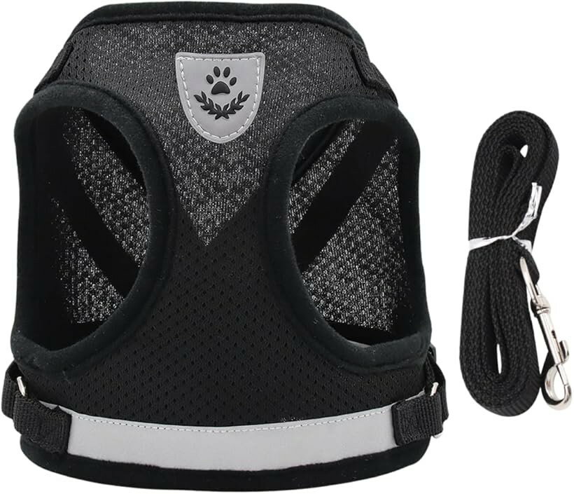Harness Leash - 犬 ハーネス メッシュ 犬用ハーネス ペットハーネス 軽量 散歩 お出かけ リード付き 無地 シンプル (ブラック, M)