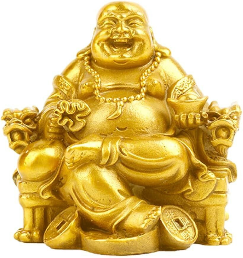 布袋様 置物 仏像 七福神 布袋様の置物 金運 風水 開運 置き物 弥勒菩薩 龍椅に座っている 玄関 縁起物 (ゴールド)