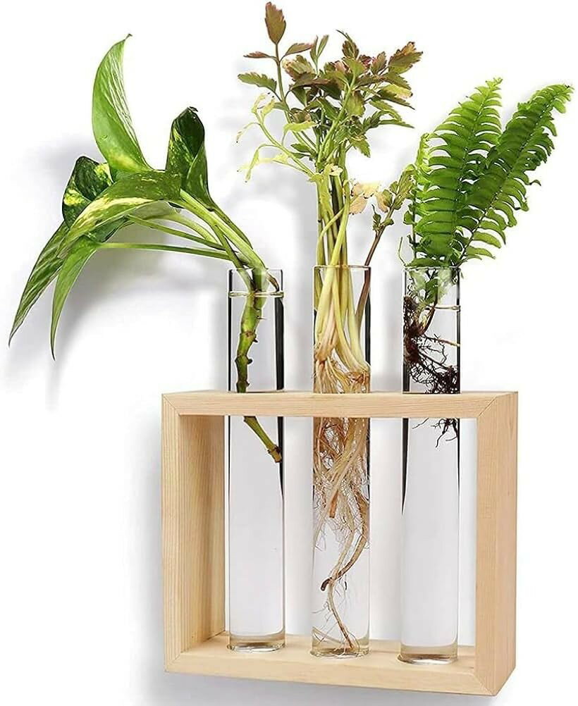 花瓶 ガラス 試験管 フラワーベース 花瓶台 木製フレーム 一輪挿し 卓上 壁掛け ス...