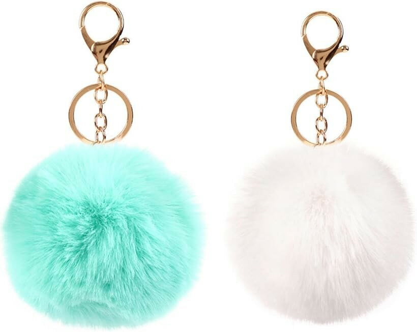 Rakuten - チャーム ふわふわ ポンポン キーホルダー 可愛い 2個セット (アクアブルー＆ホワイト)