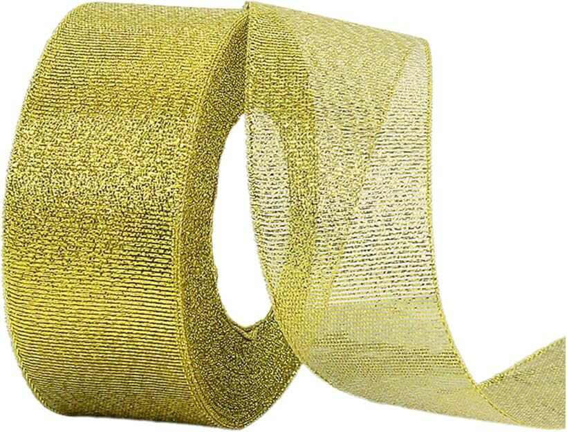 Rakuten - ラッピング リボン ラメ 光沢 プレゼント 装飾 包装用 5cm幅 (ゴールド)
