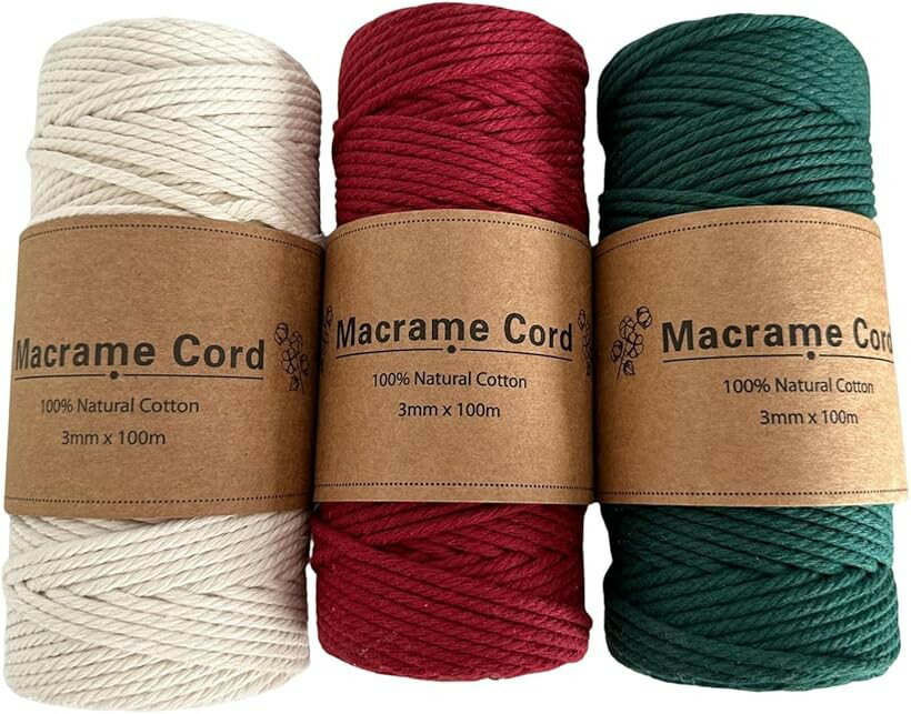 Rakuten - マクラメ糸 マクラメヤーン 紐 コットン 手芸 編み物 (赤 白 緑 (クリスマスカラー), 3mm 100m 3色セット)