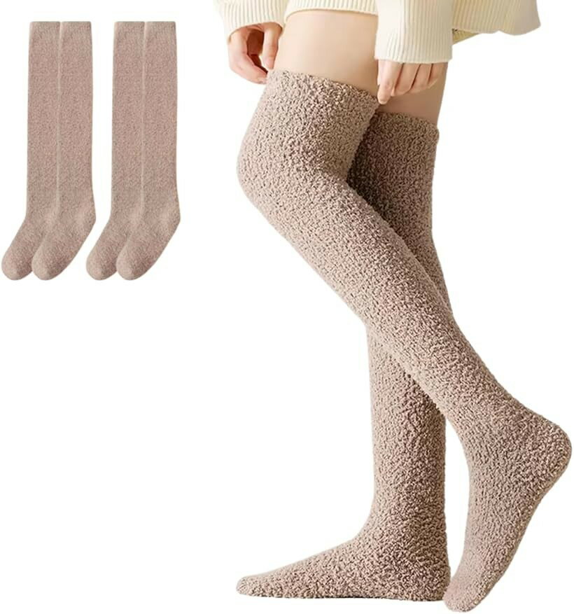 Underwear, Sleepwear - ルームソックス ニーハイ もこもこ 靴下 2足組 極厚 あったか 冬用 暖かい 防寒 ふわふわ ロングボア 就寝 (カーキ, Free Size)