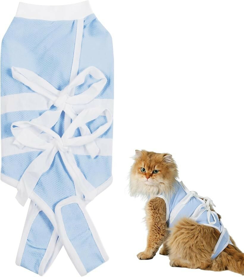 術後ウェア 猫 術後服 皮膚保護 傷舐め防止 体型にフィット (ブルー, L)