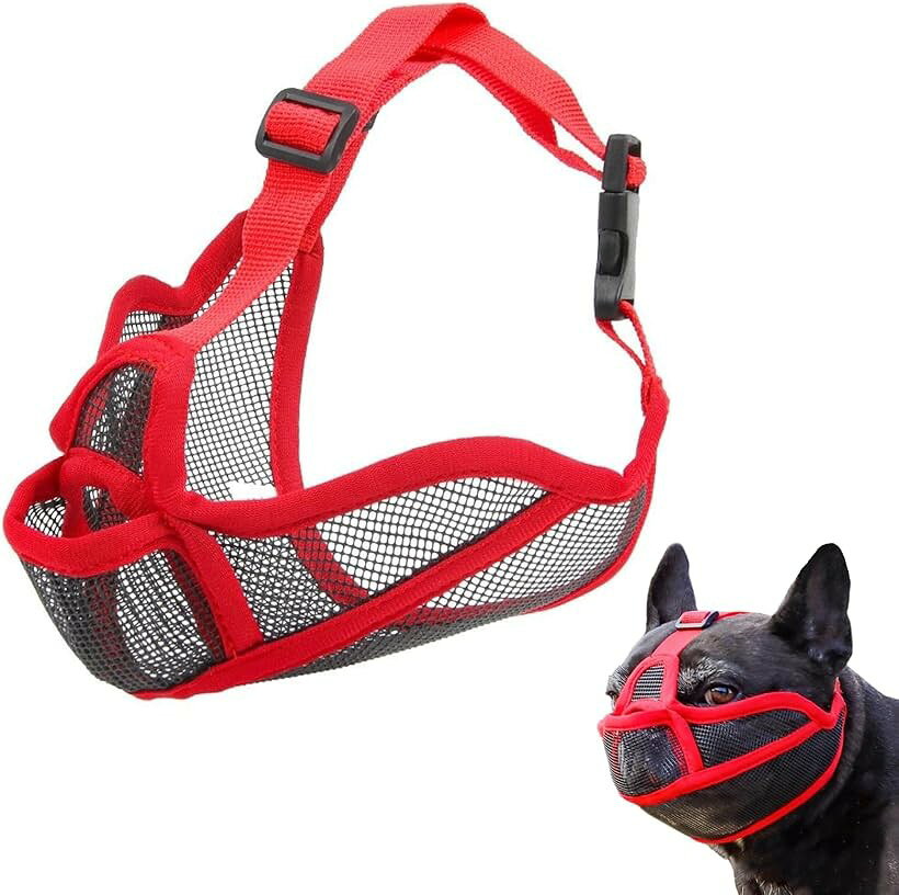 マズル 口輪 犬 メッシュ 短頭 ブルドッグ トレーニング (レッド, L)