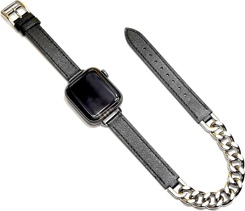 Apple watch チェーン ＆ レザー ベルト 40mm 41mm 42mm おしゃれ アップルウォッチ バンド レザーバンド/ステンレス 本革/シルバー ブラック Series 10 9 (ブラック, 40mm 41mm 42mm)