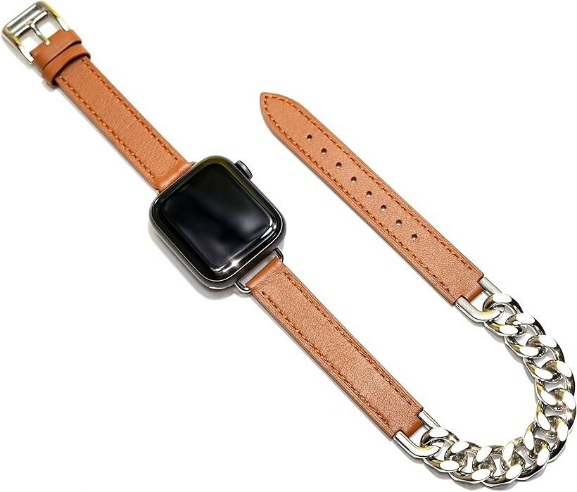 Apple watch チェーン ＆ レザー ベルト おしゃれ アップルウォッチ バンド ステンレス 本革/シルバー レディース ギフト プレゼント 44mm 45mm 46mm (ブラウン, 44mm 45mm 46mm 49mm)