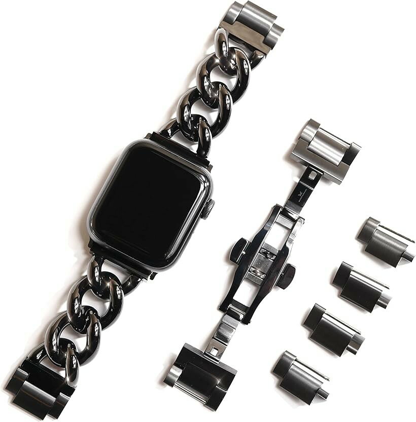 樂天商城 - AppleWatch用 チャンキー チェーンベルト シルバー/ステンレス 工具不要 バタフライバックル 40mm 41mm 42mm ブラック (ブラック, 40mm 41mm 42mm)