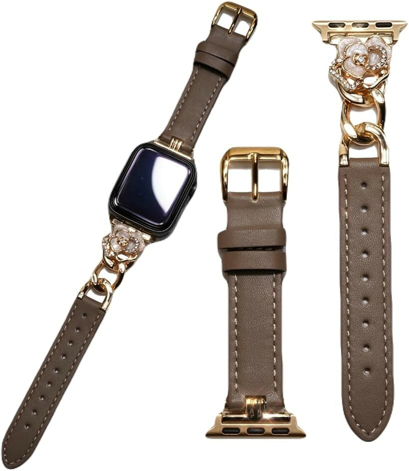 Apple watch チェーン ＆ レザー バンド おしゃれ アップルウォッチ 時計 ベルト レザーバンド/メタル 本革/シルバー Series 10 9 8 7 6 5 4 ギフト (ブラウン/ゴールド, 40mm 41mm42mm)
