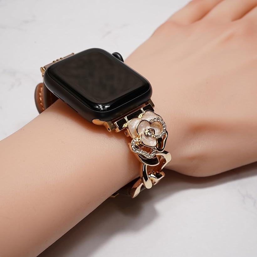 エムラインストアのApple watch チェーン ＆ レザー バンド おしゃれ アップルウォッチ 時計 ベルト レザーバンド/メタル 本革/シルバー Series 10 9 8 7 6 5 4 ギフト (ブラウン/ゴールド, 40mm 41mm42mm)｜アングル2