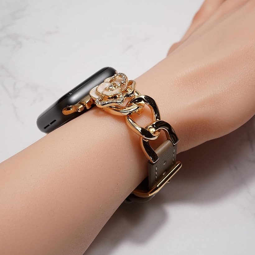 エムラインストアのApple watch チェーン ＆ レザー バンド おしゃれ アップルウォッチ 時計 ベルト レザーバンド/メタル 本革/シルバー Series 10 9 8 7 6 5 4 ギフト (ブラウン/ゴールド, 40mm 41mm42mm)｜アングル3