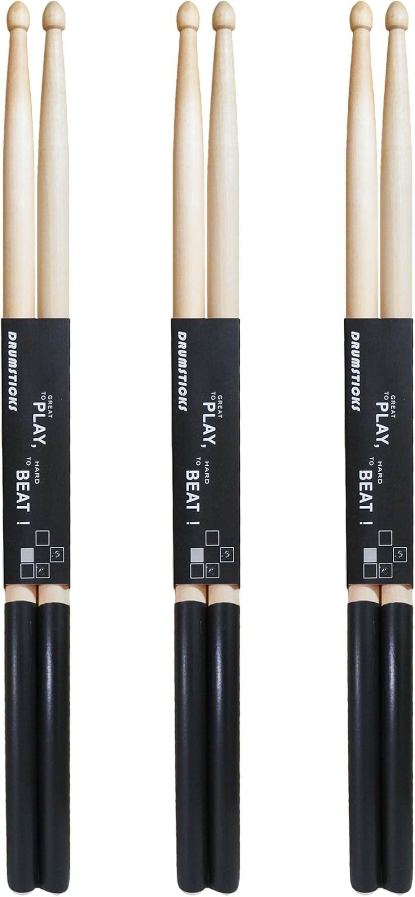 ドラムスティック セット 初心者 練習 滑り止め 付き 5A 軽量 メープル (黒 3組 セット, 5A)