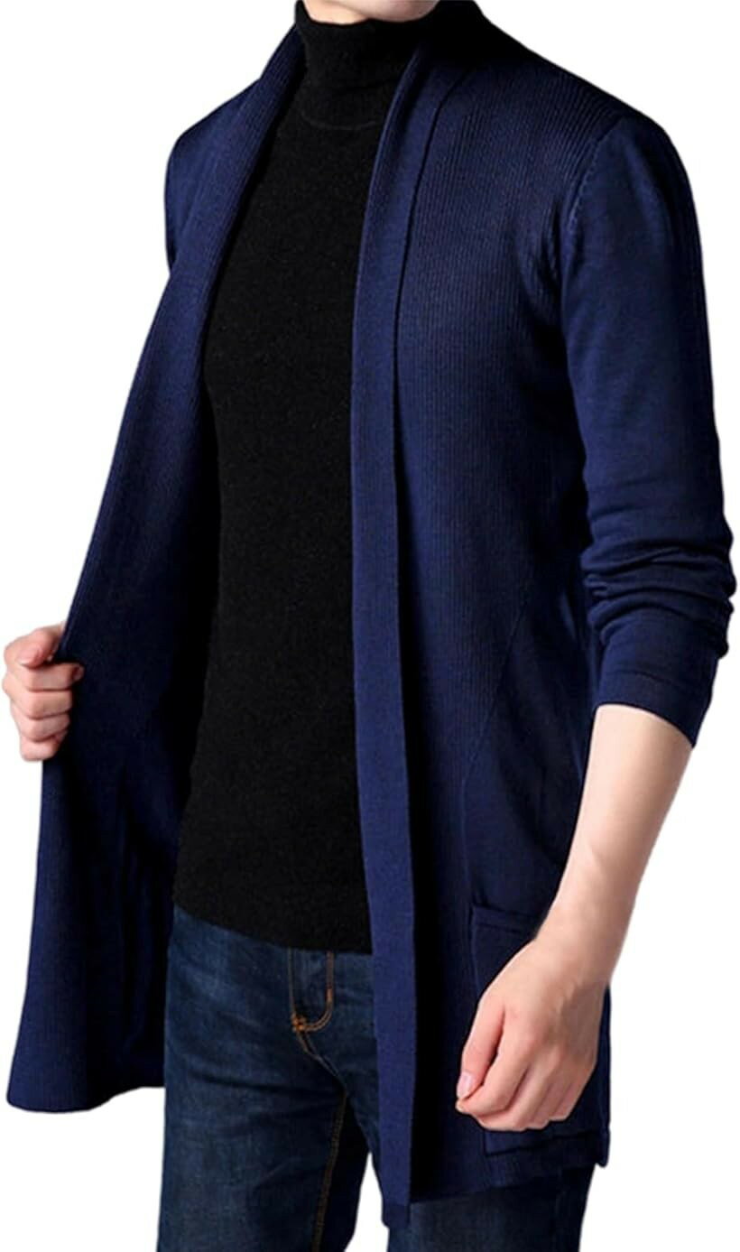 メンズ カーディガン ロング ゆったり ニット ジャケット 羽織 (ネイビー, 3XL)