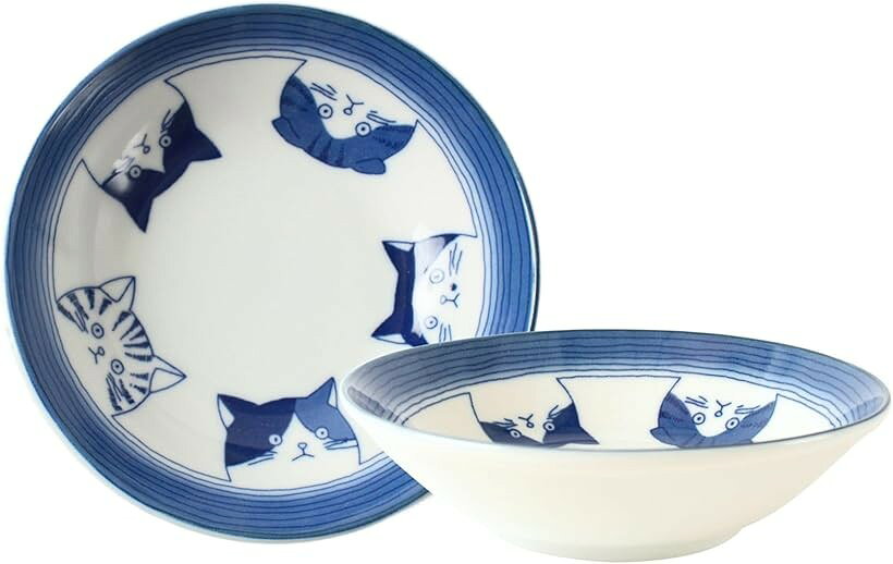 美濃焼 4.0寸浅鉢 猫 ネコ 青 直径約13.7cm日本製 深皿 2枚セット GBS204 深小2 (...
