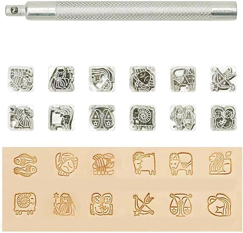 レザークラフト 金属製 刻印セット 星座 打ち棒付き 10mm 革細工 レザーカービング (12星座柄)