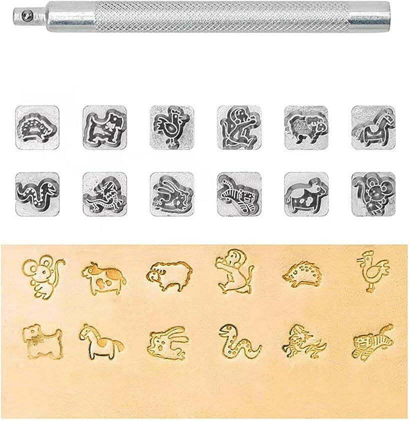 レザークラフト 金属製 刻印セット 干支 打ち棒付き 10mm 革細工 レザーカービング (12干支柄)