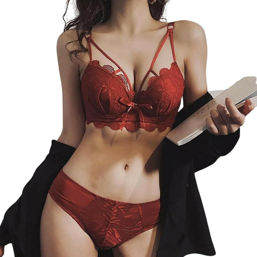 樂天商城 - ノンワイヤー ブラ ショーツ セット 盛れる 脇高 ブラジャー セクシー レディース 下着 インナー ランジェリー 上下セット 小胸 谷間メイク (レッド, M（34/75AB）)