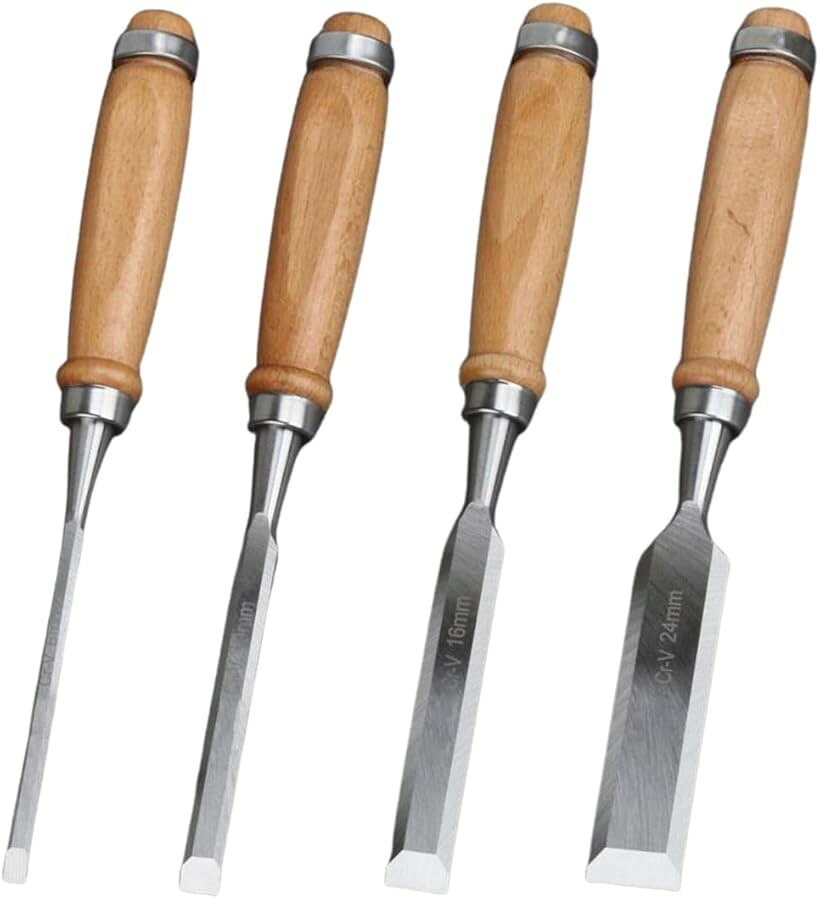 Chisels - 平のみ 4本 セット 木彫り クロムバナジウム鋼 面取り 仕上げ 平ノミ フラット 彫刻刀 DIY 道具 ツール 木工 木像 大工 鑿 工具 (6/10/16/24mm)