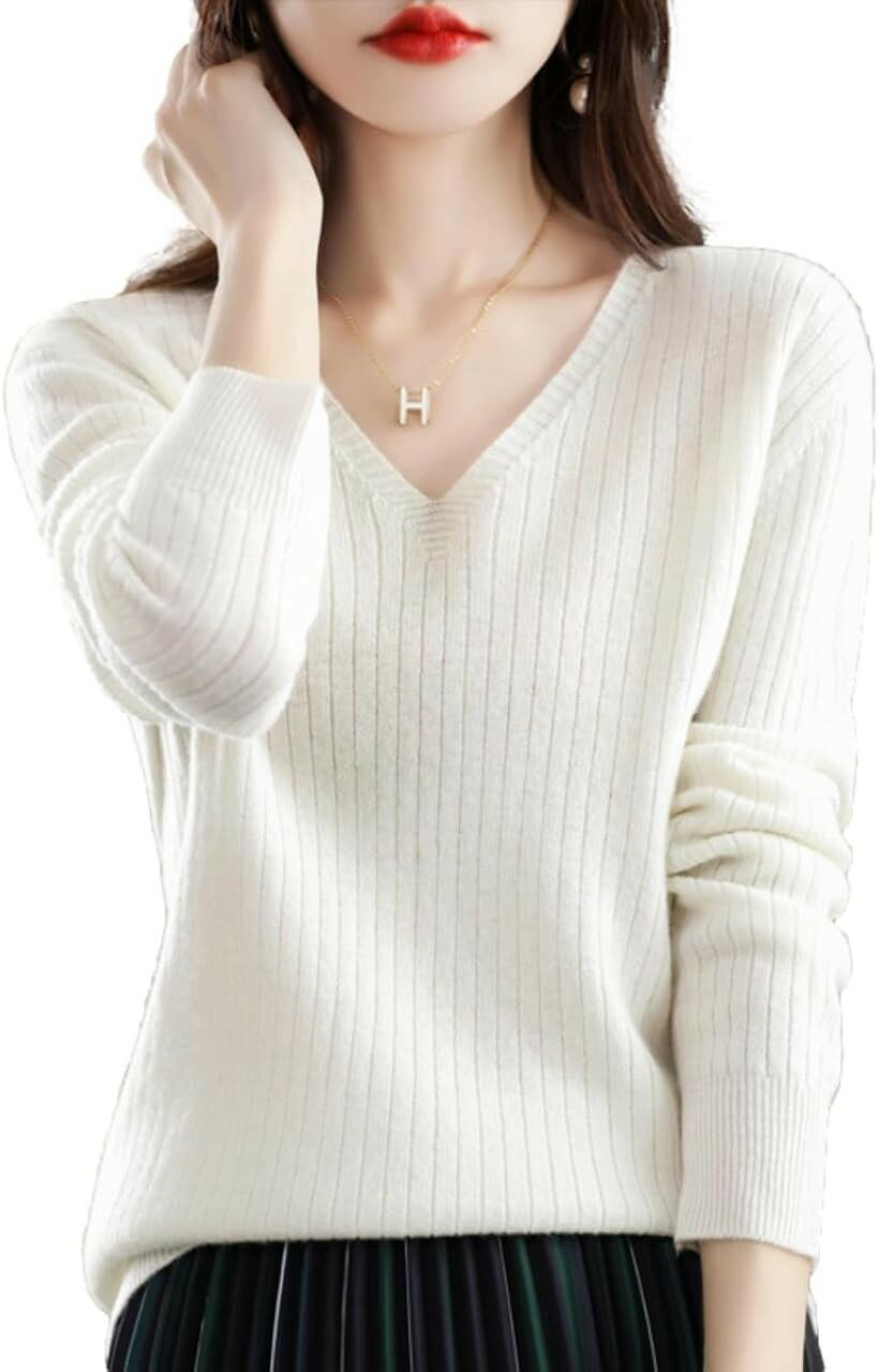 Other - ニット レディース Vネック セーター 長袖 トップス 上品 リブ きれいめ 婦人服 お洒落 可愛い エレガント 着心地 小顔効果 (ホワイト, XL)