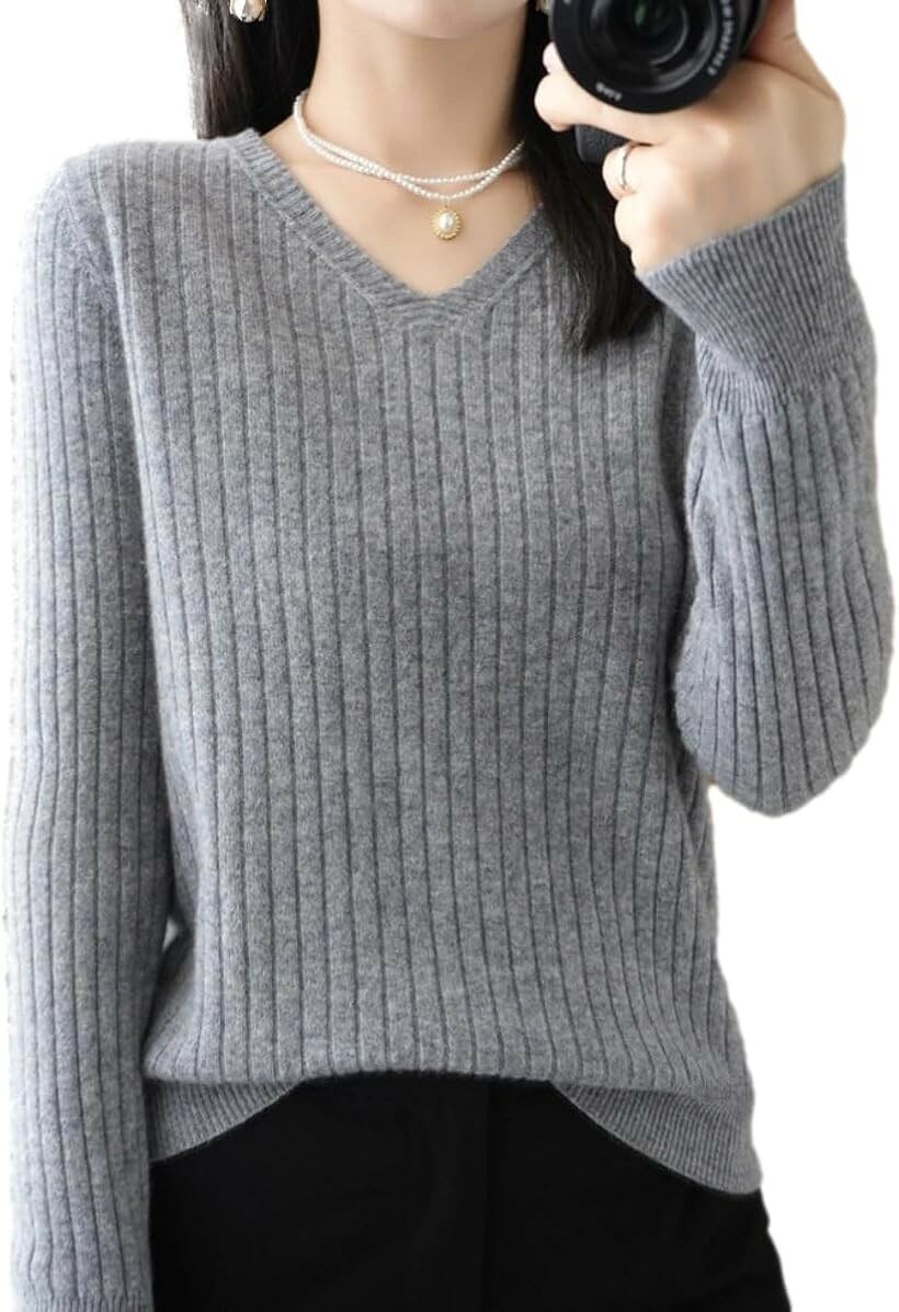 ニット レディース Vネック セーター 長袖 トップス 上品 リブ きれいめ 婦人服 お洒落 可愛い エレガント 着心地 小顔効果 (グレー, M)
