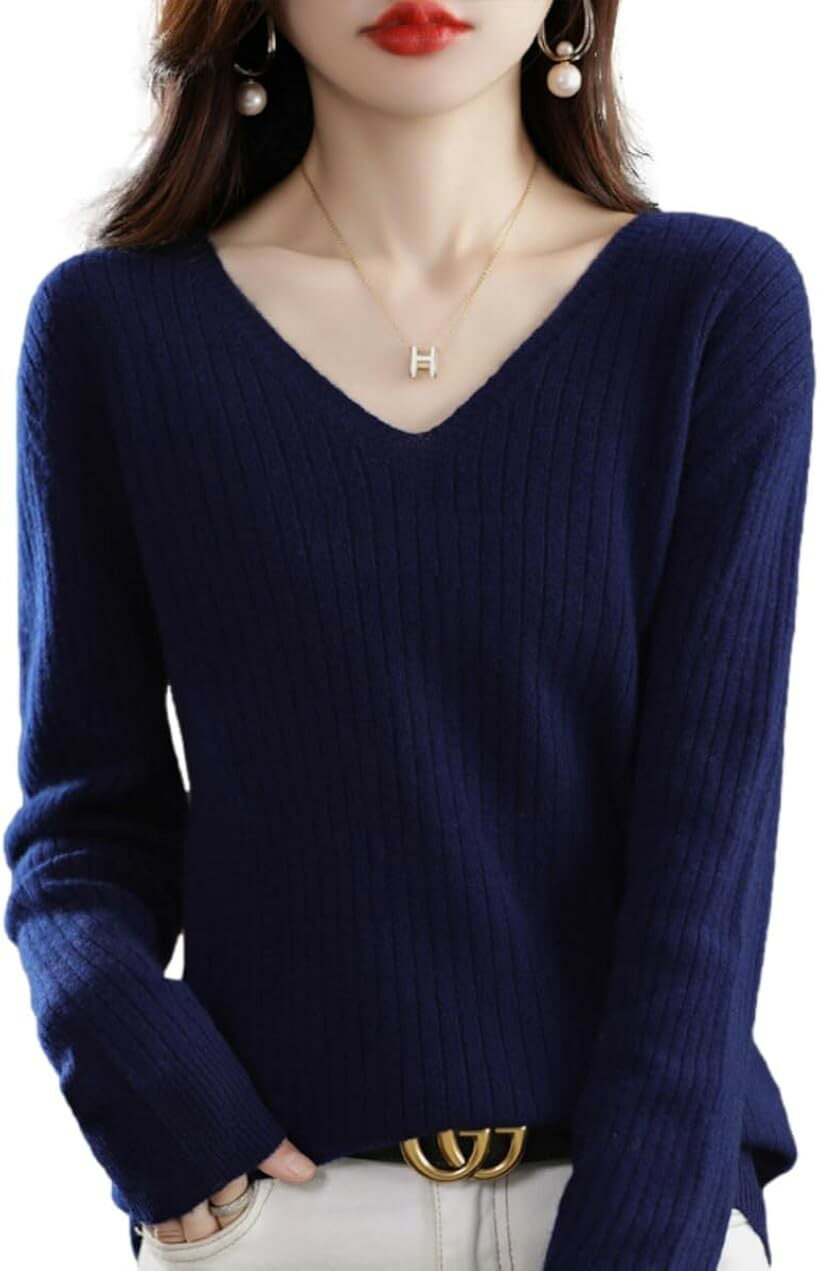 Rakuten - ニット レディース Vネック セーター 長袖 トップス 上品 リブ きれいめ 婦人服 お洒落 可愛い エレガント 着心地 小顔効果 (ネイビー, M)
