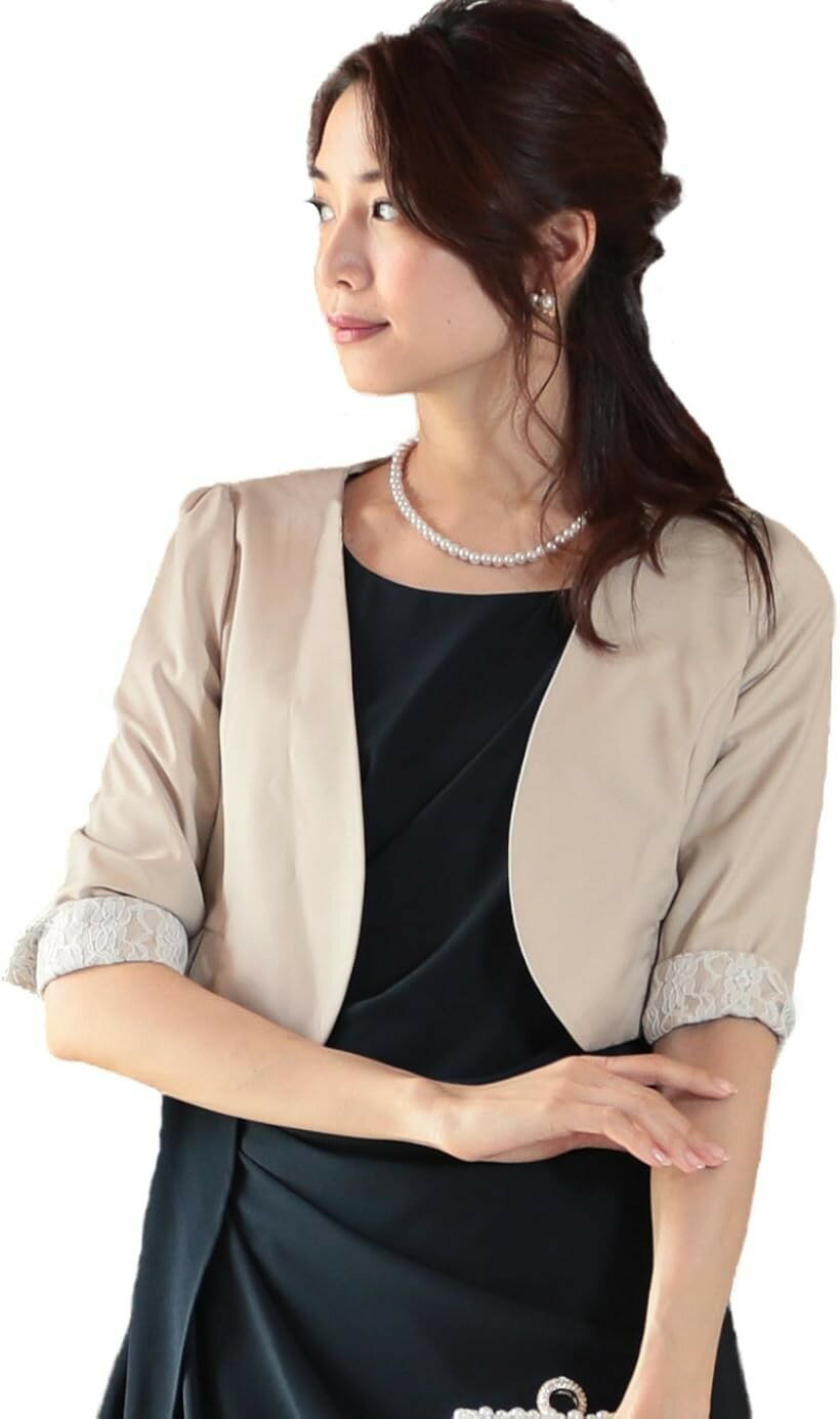 Rakuten - 裏地 花柄 レース ノーカラー パーティー ボレロ ジャレロ レディース (ベージュ, S)