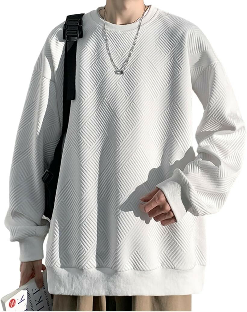 ルネノンソレイユ もこもこ トレーナー メンズ 長袖 大きいサイズ 無地 ロンT ゆったり クルーネック 上着 ワッフル スエット メンズ服 40代 スウェットシャツ (ホワイト, 2XL)