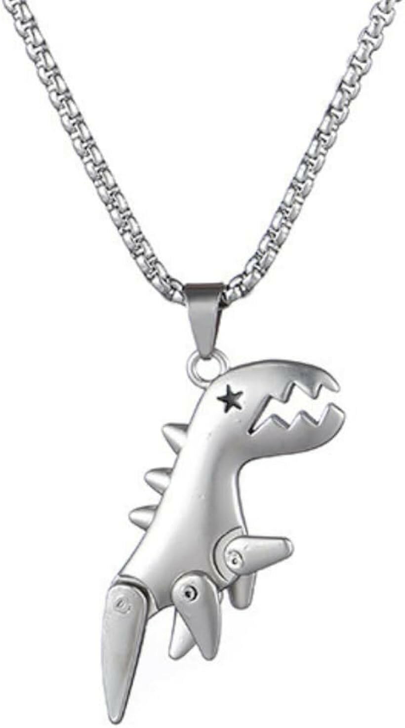 恐竜 ネックレス メンズ 四肢が動く ユニーク ペンダント チタン ヒップホップ ストリート アクセサリー ロング 可愛い ギフト (シルバー(70cm))
