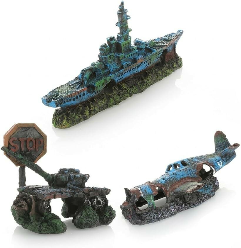 樂天商城 - アクアリウム オブジェ 水槽 隠れ家 セット 戦闘機 戦艦 戦車 潜水艦 飾り オーナメント 爬虫類 シェルター ジオラマ ミリタリー レイアウト 魚 エビ (陸海空の制覇。「パーフェクト戦場跡3点セ)