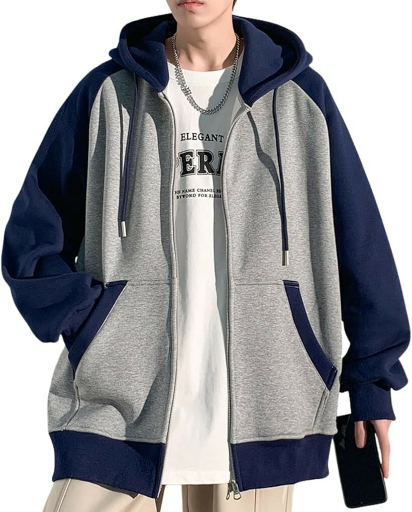 ジップパーカー メンズ 秋冬 冬服 フルジップ フード付き ビッグシルエット ジップアップ 春服 長袖 韓国風 大きいサイズ カジュアル ラグランスリーブ 配色切替 スウェット ライトアウター (グレー＋ブルー, 2XL)