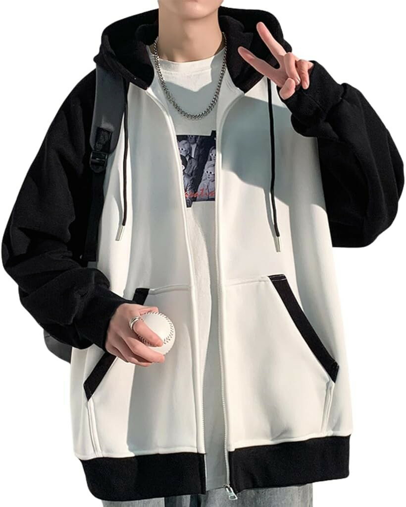 ジップパーカー メンズ 秋冬 冬服 フルジップ フード付き ビッグシルエット ジップアップ 春服 長袖 韓国風 大きいサイズ カジュアル ラグランスリーブ 配色切替 スウェット ライトアウター (ホワイト/ブラック, XL)