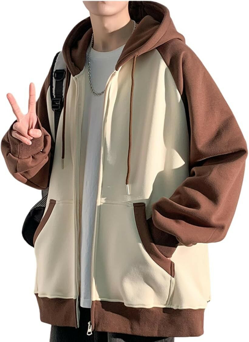 Rakuten - ジップパーカー メンズ 秋冬 冬服 フルジップ フード付き ビッグシルエット ジップアップ 春服 長袖 韓国風 大きいサイズ カジュアル ラグランスリーブ 配色切替 スウェット ライトアウター (アプリコット＋コーヒー, XL)