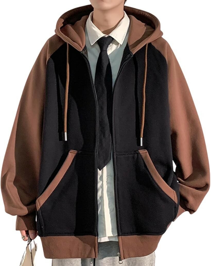 ジップパーカー メンズ 秋冬 冬服 フルジップ フード付き ビッグシルエット ジップアップ 春服 長袖 韓国風 大きいサイズ カジュアル ラグランスリーブ 配色切替 スウェット ライトアウター (ブラック/コーヒー, XL)
