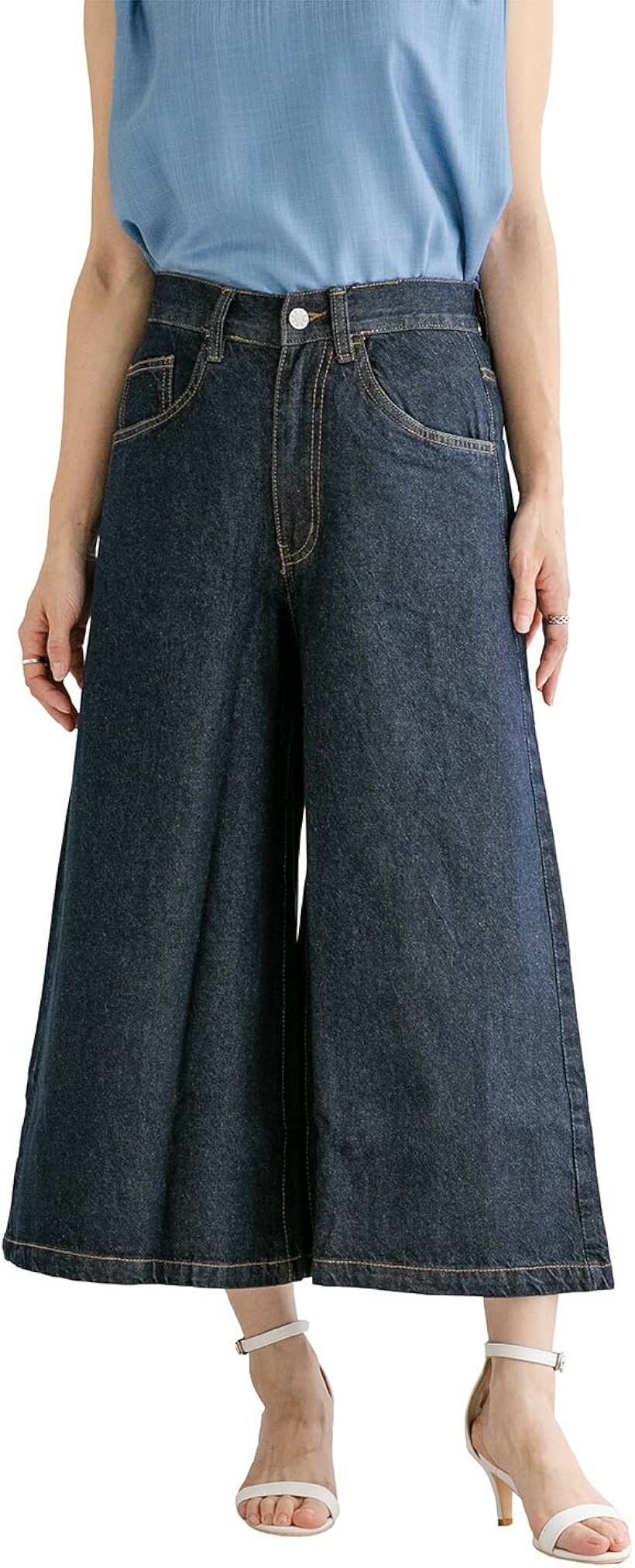 ワイドパンツ ミモレ丈 デニム ガウチョパンツ ジーンズ ボトムス レ...(4.0)