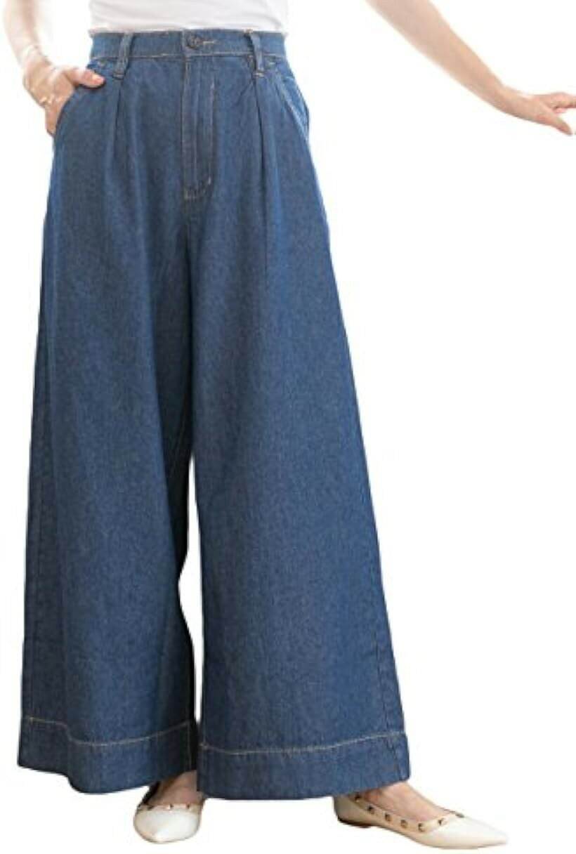 L ネイビー デニム ワイド パンツ ボトム ロング 大きいサイズ レディース ジーパン おおきい 春 夏 スプリング サマー ジーンズ 婦人 ポケット きれいめ お洒落 薄い ウエストゴム セクシー 大きめ おしゃれ (ネイビー, L)