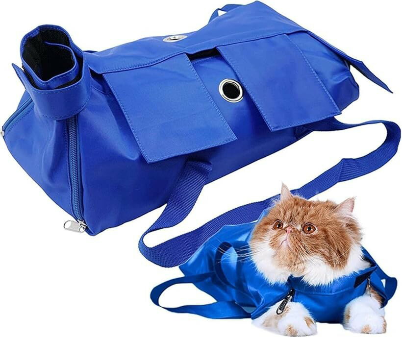 Knapsack Carrier - 猫用 おちつく袋 キャットグルーミングバッグ 猫保定袋 PET ペットキャリーバッグ 爪きり 歯ブラシ 引っかき防止 脱走防止 ブルー L (ブルー, 大)