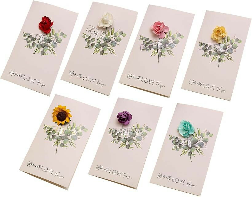 Other - メッセージカード ドライフラワー付き 7種類セット 薔薇 ひまわり グリーティングカード お見舞い 誕生日 記念日 お祝い 7枚/セット (ホワイト)