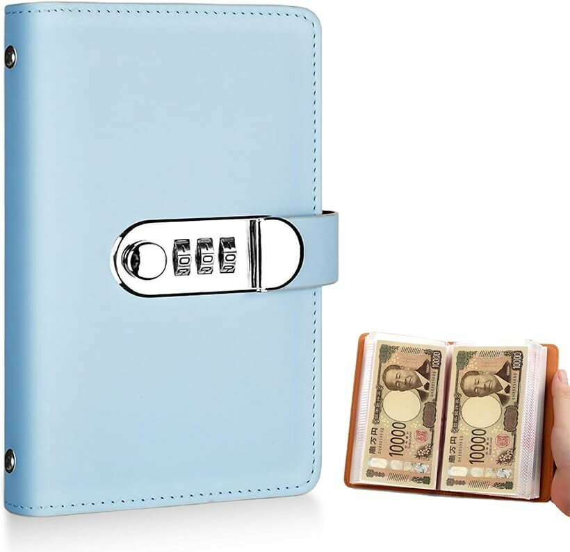 Coin Banks - 本型 貯金箱 鍵付き パスワードロック 50ポケット 100万円 PUレザー製 (ブルー, ワンサイズ)